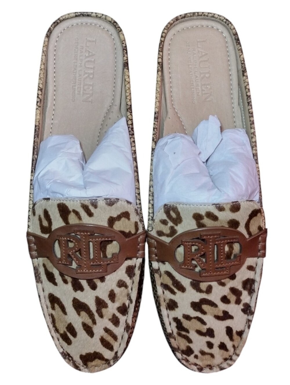 Ralph Lauren- Lauren Leopard/Snake Print Slip-On Leather Driving Mules - Picture 2 of 8
